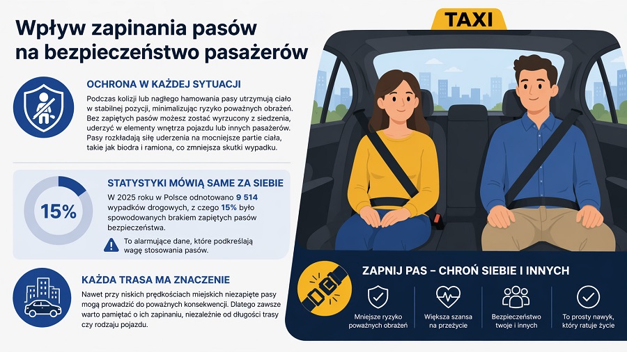 infografika o bezpieczeństwie zapinania pasów w taxi