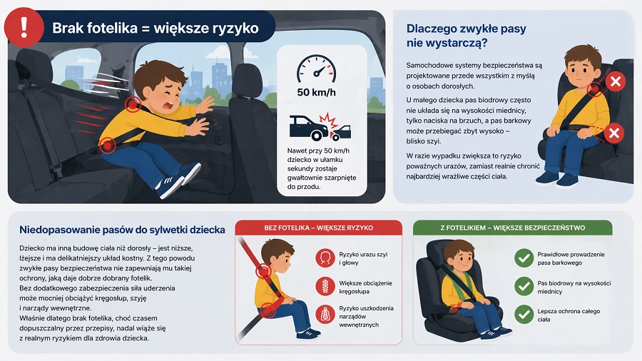 ryzyko braku stosowania fotelika samochodowego